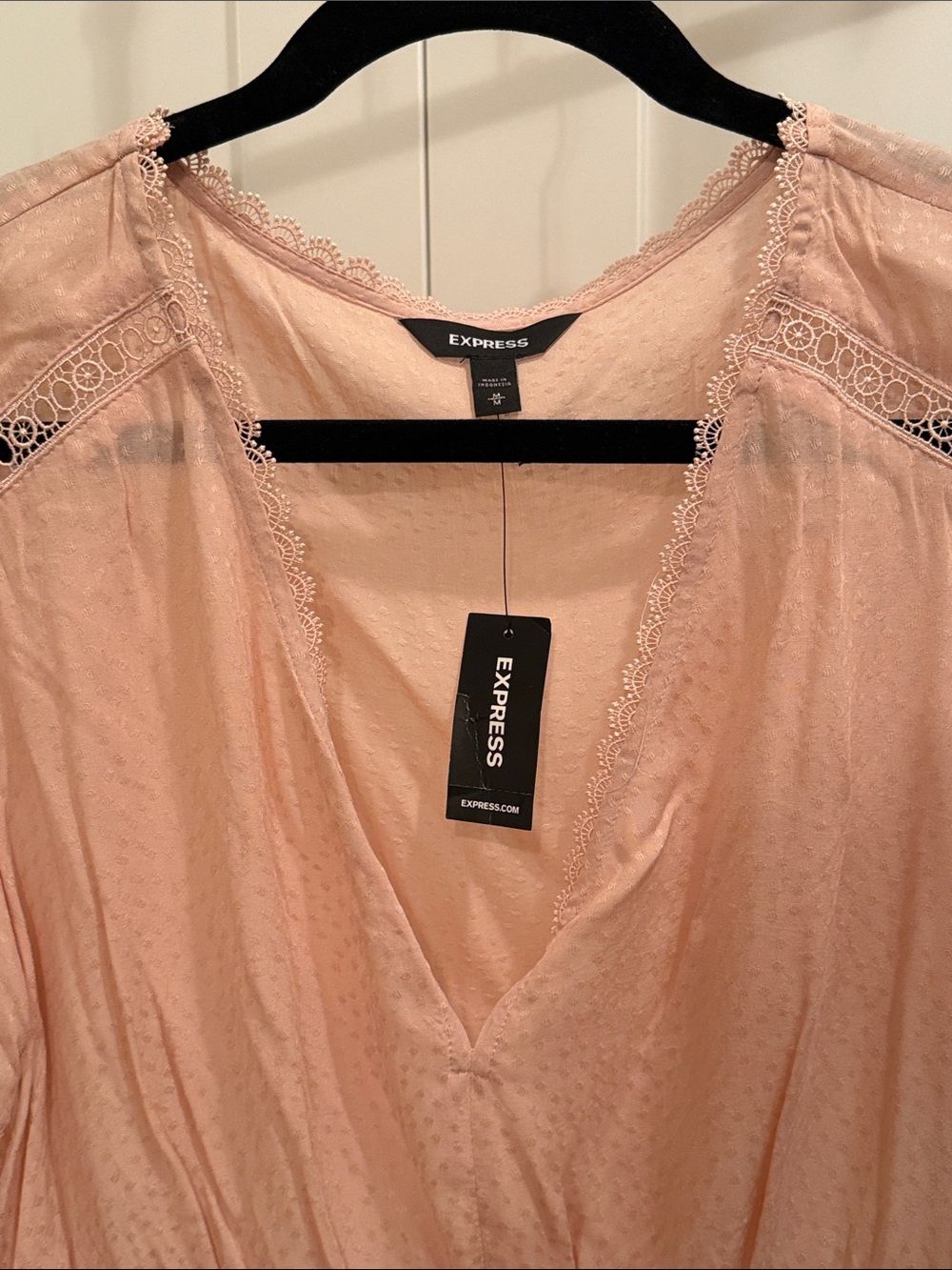 Express Blush Pink V-Neck Lace Insert Smocked Waist Blouse l M l NWT